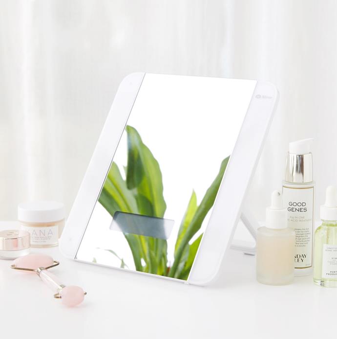 'Slide Smart Vanity Mirror' by HiMirror, $272 at [Urban Outfitters](https://au.urbanoutfitters.com/en-au/product/himirror-slide-smart-vanity-mirror/UO-59181677-000?color=white&size=one-size|target="_blank"|rel="nofollow").
