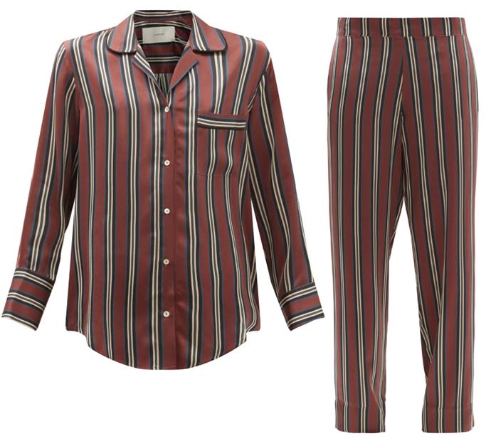 Pyjama dressing 101: Asceno's classically printed separates are always in style.
<br><br>
*[Silk pyjama top](https://www.matchesfashion.com/au/products/Asceno-Paris-striped-sandwashed-silk-pyjama-shirt-1393347|target="_blank"|rel="nofollow"), $370 and [pants](https://www.matchesfashion.com/au/products/Asceno-London-striped-sandwashed-silk-pyjama-trousers-1393348|target="_blank"|rel="nofollow"), $280 by Asceno at My Theresa*