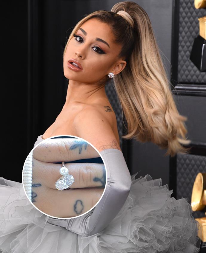 **Ariana Grande**<br><br>

While announcing her engagement to real estate agent [Dalton Gomez](https://www.elle.com.au/celebrity/ariana-grande-dalton-gomez-dating-23220|target="_blank") in December 2020, Grande shared a snap of her unique pearl and diamond engagement ring to Instagram (which many [fans believe](https://www.elle.com.au/celebrity/ariana-grande-engagement-ring-tribute-grandfather-24438|target="_blank") is a tribute to her late grandfather).
