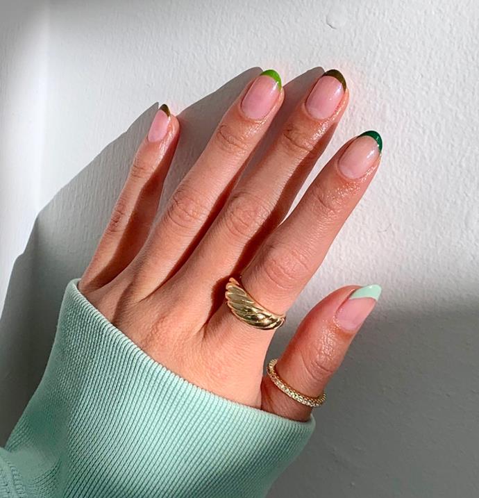 **The Tonal French Manicure**
<br><br>
A 2021 take on the French manicure, the tonal rendition of the classic nail trend takes mixes both the [Skittle manicure](https://www.elle.com.au/beauty/skittle-manicure-21096|target="_blank") of 2020 and the French classic. Easy to accomplish and subtly chic, one can achieve the look by prepping the nails with a clear base coat and simply choose different shades of the same colour to paint onto the tip of the nail.
<br><br>
*Image via [@majestyspleasure](https://www.instagram.com/p/CHdbX8whGGP/|target="_blank"|rel="nofollow")*