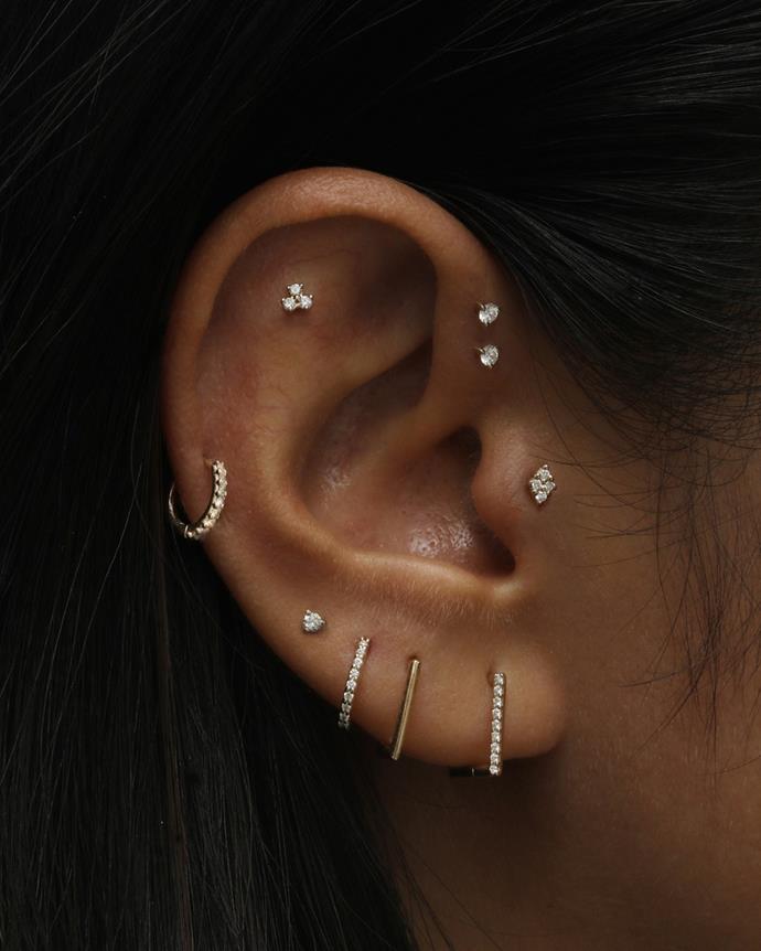 **Is there one piercing style or placement you think we'll see less of?**<br><br>

"Piercing trends tend to fluctuate rapidly, and we believe that piercings should be personal to each individual client's anatomy. We've designed our cartilage piercings to be interchangeable, so clients can swap out their earrings beyond previously popular ear placements. There's definitely been a move away from 'matching' ear piercings and earrings and a desire to make each ear feel unique with asymmetrical piercings," Gittoes says.<br><br>

*Image via [@sarahandsebastian](https://www.instagram.com/p/CJu7TQzAQYy/|target="_blank"|rel="nofollow")*