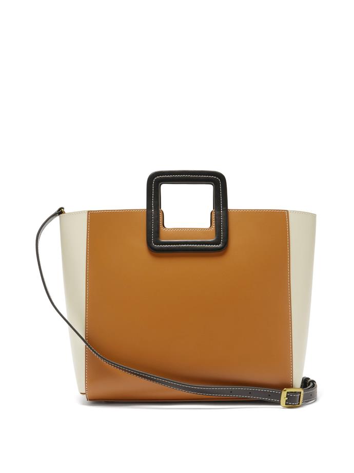 **'Shirley' Leather Tote Bag by Staud, $369 at [MATCHESFASHION.COM](https://www.matchesfashion.com/au/products/Staud-Shirley-leather-tote-bag-1387163|target="_blank"|rel="nofollow")**<br><br>

While the colour-blocking says 'statement', the neutral hues say 'serious', offering the best of both worlds in one boardroom-and-beyond bag. While the black, cream and tan leather ensure it will match with just about everything in your wardrobe, the long adjustable strap, geometric top handles, spacious interior and zipped pouch offer functionality in spades.