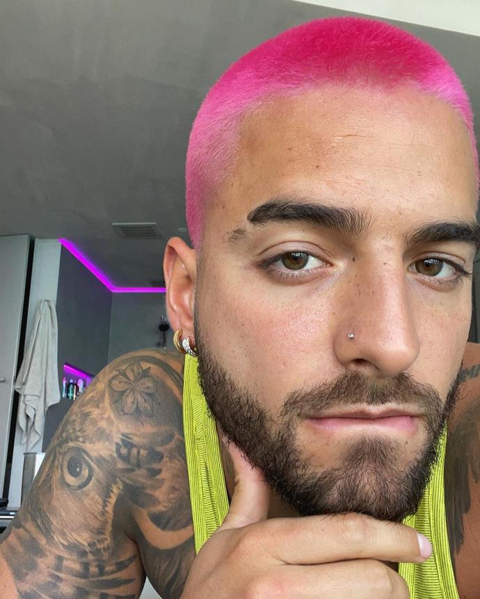 **Maluma**<br></br>
Columbian Grammy-nominated singer and actor Maluma has taken a break from the teal buzzcut he's been sporting of late to think *pink*, and it looks great to us.