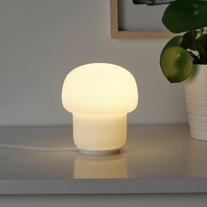 Tokabo Mushroom Lamp, $10 from [IKEA](https://www.ikea.com/au/en/p/tokabo-table-lamp-glass-opal-white-30358012/|target="_blank"|rel="nofollow")