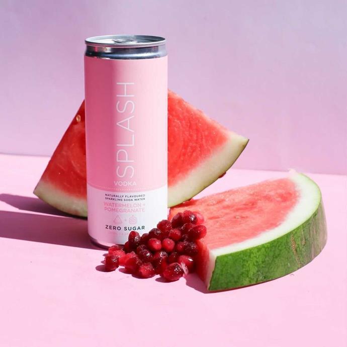 **Splash Vodka**
<br><br>
No sugar, 80 calories and high-quality vodka? It's a yes from us. Choose from watermelon & pomegranate or orange & passionfruit, either way, it's a light, easy drink you can reach for all season.
<br><br>
*[Shop here.](https://www.danmurphys.com.au/product/DM_111862/splash-vodka-lime-soda-cans-250ml|target="_blank"|rel="nofollow")*