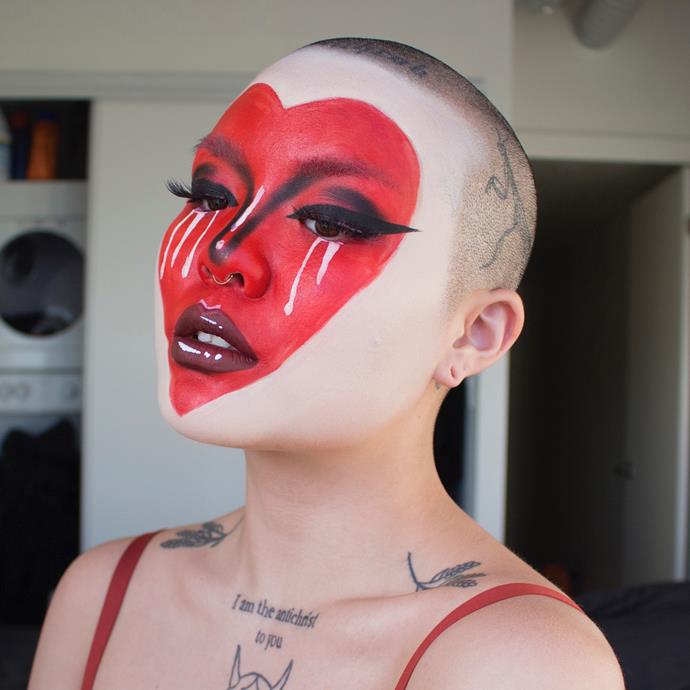 **Crying Heart**<br><br>

An *Alice In Wonderland* inspired 'do, makeup artist Mei Pang's look is packs a punch without needing to break the bank. After applying a pale base, use a creamy lip crayon to draw on a large red heart. Add winged liner, tears and highlight points with a white liner and voilà!
<br><br>

*Image via [@meicrosoft](https://www.instagram.com/p/BZ4grWkB_9G/?taken-by=meicrosoft|target="_blank"|rel="nofollow")*