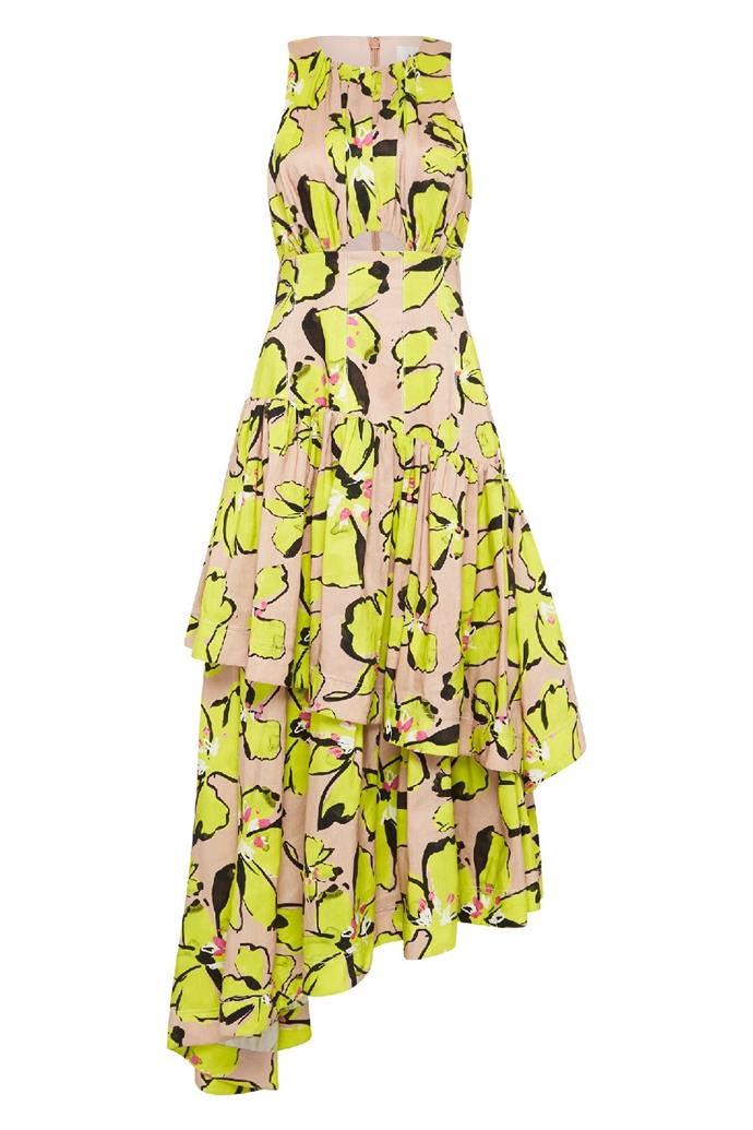 **Pelicano Citrus Bloom Racer Asymmetric Tiered Dress**, $595 at [Aje](https://ajeworld.com.au/collections/new-arrivals/products/pelicano-citrus-bloom-racer-asymmetric-tiered-dress-citrus-bloom|target="_blank")