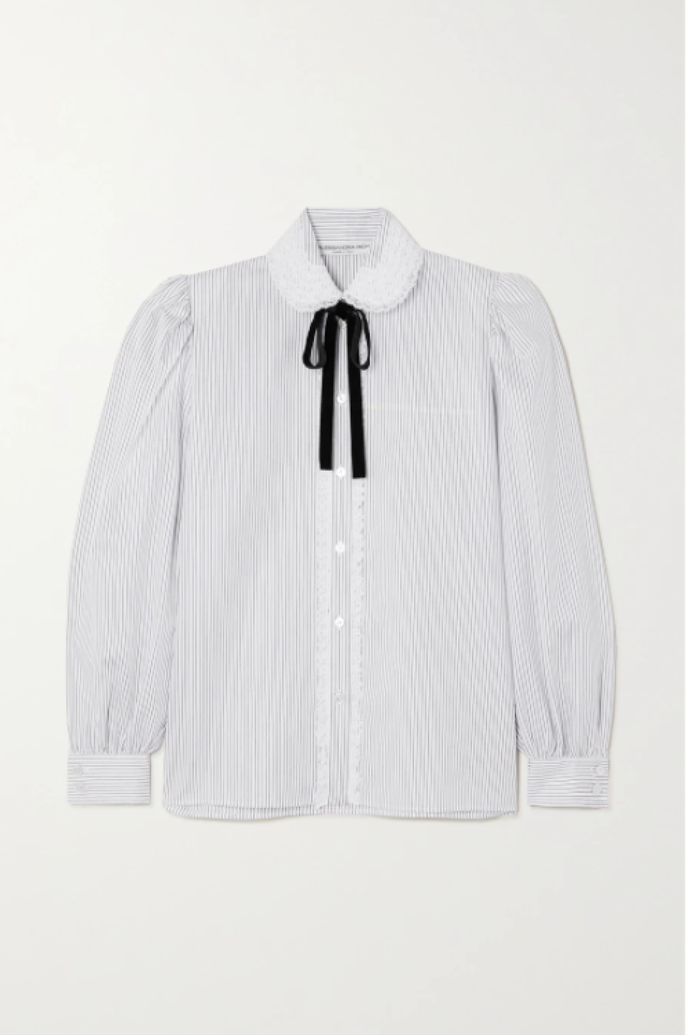 **Alessandra Rich Striped Lace And Velvet-trimmed Cotton-poplin Blouse**, $1,174.34 at [NET-A-PORTER](https://www.net-a-porter.com/en-au/shop/product/alessandra-rich/clothing/blouses/striped-lace-and-velvet-trimmed-cotton-poplin-blouse/15546005221913661?cm_mmc=Google-ProductSearch-AU--c-_-NAP_EN_AU_PLA-_-NAP+-+APAC+-+AU+-+GS+-+SSC+-+L1--APAC+-+AU+-+L1-_-__pla-1437811164863_APAC&gclid=CjwKCAjw_L6LBhBbEiwA4c46ungV2Y8gnWCdShtoRQBx2WL7BTFcYrFlLTDV_sTYlHaY58mkZKPOjhoCpZcQAvD_BwE&gclsrc=aw.ds|target="_blank"|rel="nofollow")