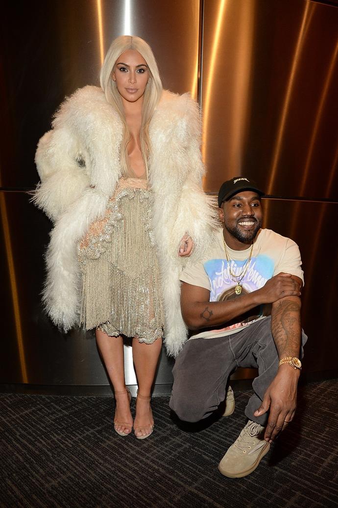 Kim Kardashian West and Kanye backstage at the YEEZY Season 3 show at New York Fashion Week.