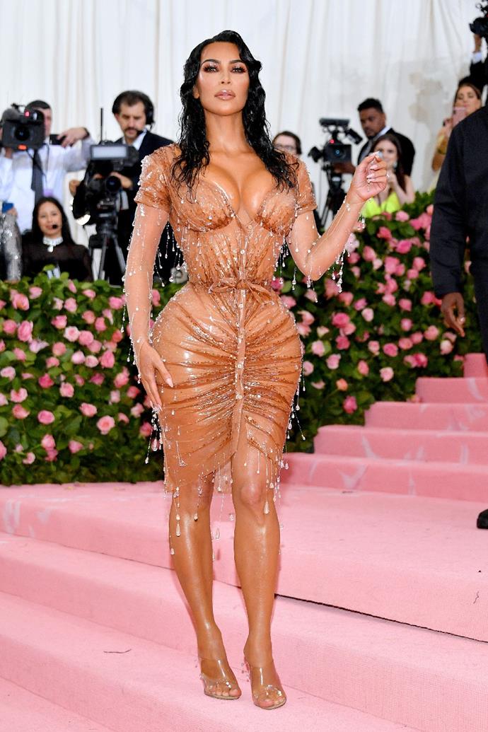 Kim Kardashian West as a 'dripping wet version of herself' at the 2019 Met Gala, wearing custom Mugler.