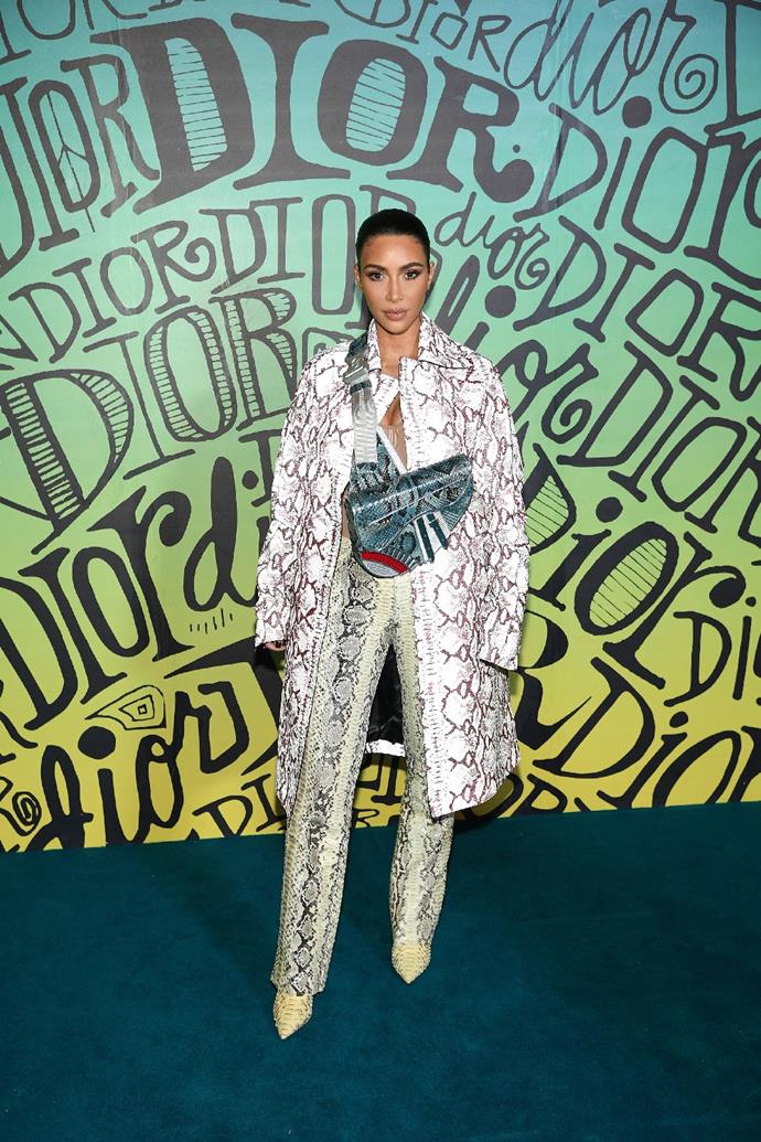 Kim Kardashian West wearing head-to-toe Christian Dior at their Fall/Winter 2020 Fashion Show in Miami 
