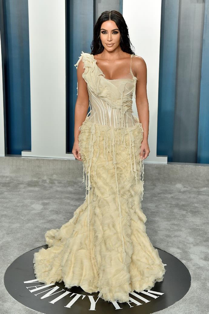 Kim Kardashian West wears the iconic vintage Alexander McQueen 'Oyster Gown' at the 2020 Vanity Fair Academy Award afterparty.