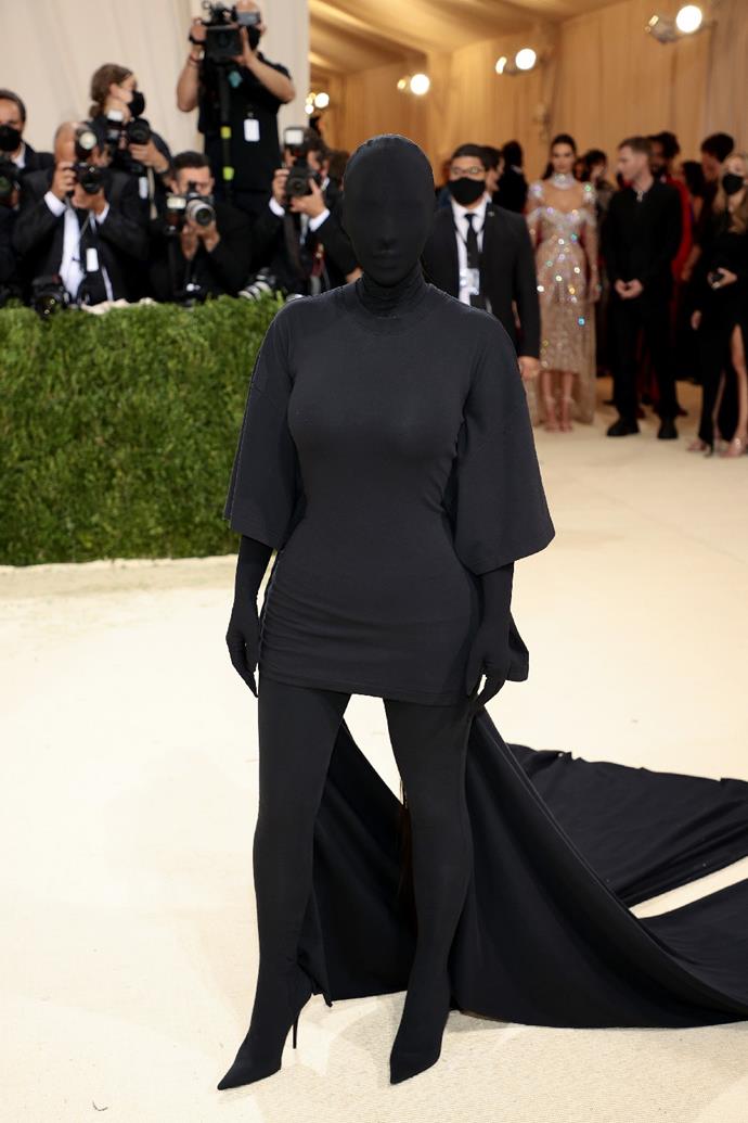 Kim Kardashian West in an iconic Balenciaga T-Shirt Silhouette gown at the 2021 Met Gala.
