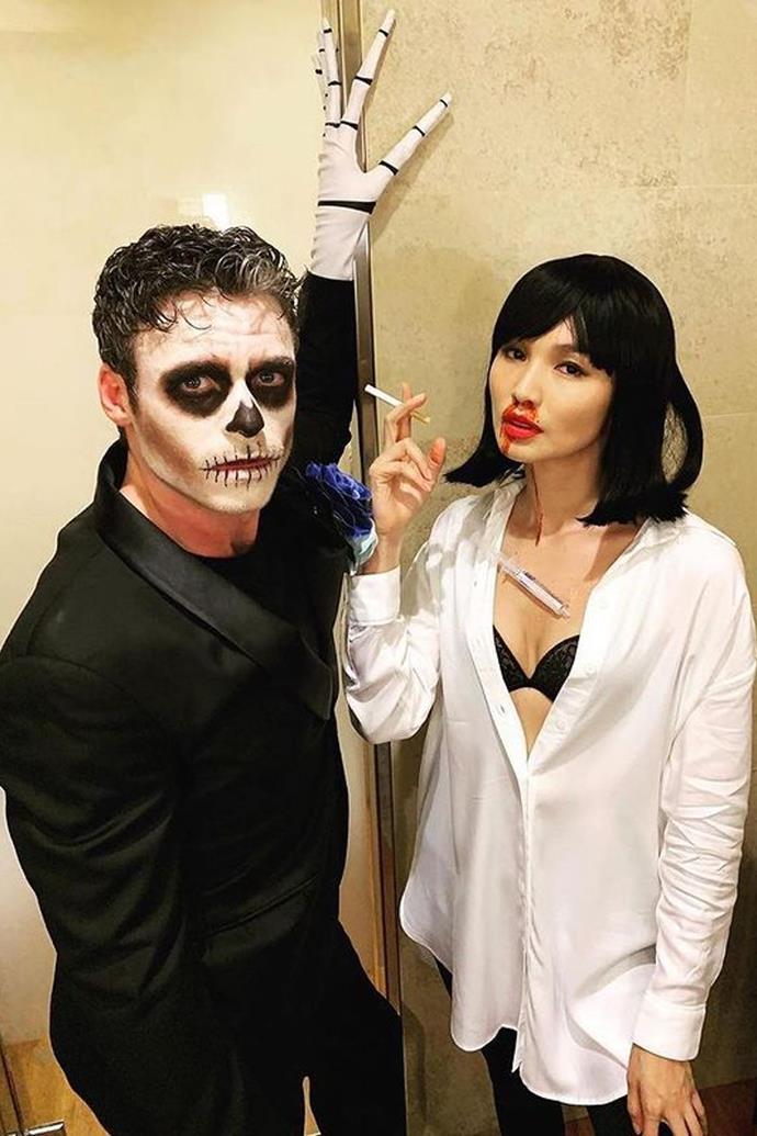 **Gemma Chan and Richard Madden** as Mia Wallace from *Pulp Fiction* and a skeleton