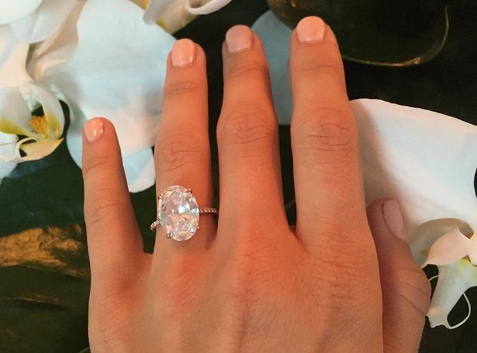 **Julianne Hough**<br><br> 
Actress Julianne Hough got engaged to hockey player Brooks Laich in 2015 when he presented her with a brilliant-cut, oval diamond with a pave band setting. The ring was 7-carats and estimated to cost US$350,000. <br><br> 
"The ring itself makes me feel very feminine and takes my breath away every time I look down, which I can't stop doing, by the way," Hough said, speaking about the dazzling rock.