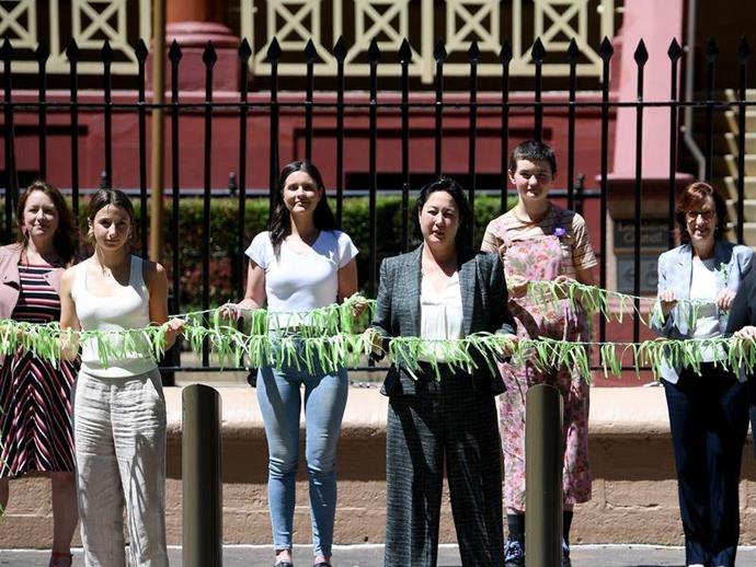Jenny Leong and Lucinda Hoffman stand outside NSW Parliament representing sexual assault victims