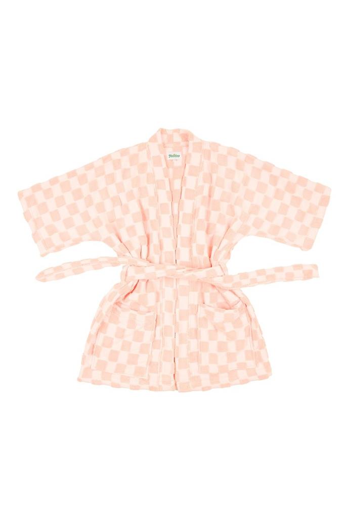 As our penchant for seaside shindigs heighten as the temperatures soar, this pool robe is the perfect summer throw on for those 'one-and-done' days when we can't be bothered to pull together a balmy ensemble.
<br><br>
Suitable for both the beach and the bathroom, this lush cover up will be in high rotation this season.
<br><br>
**Pool Robe**, $250 at [Emma Mulholland On Holiday](https://emonholiday.com/collections/new-arrivals/products/pool-robe-check-peach|target="_blank"|rel="nofollow")