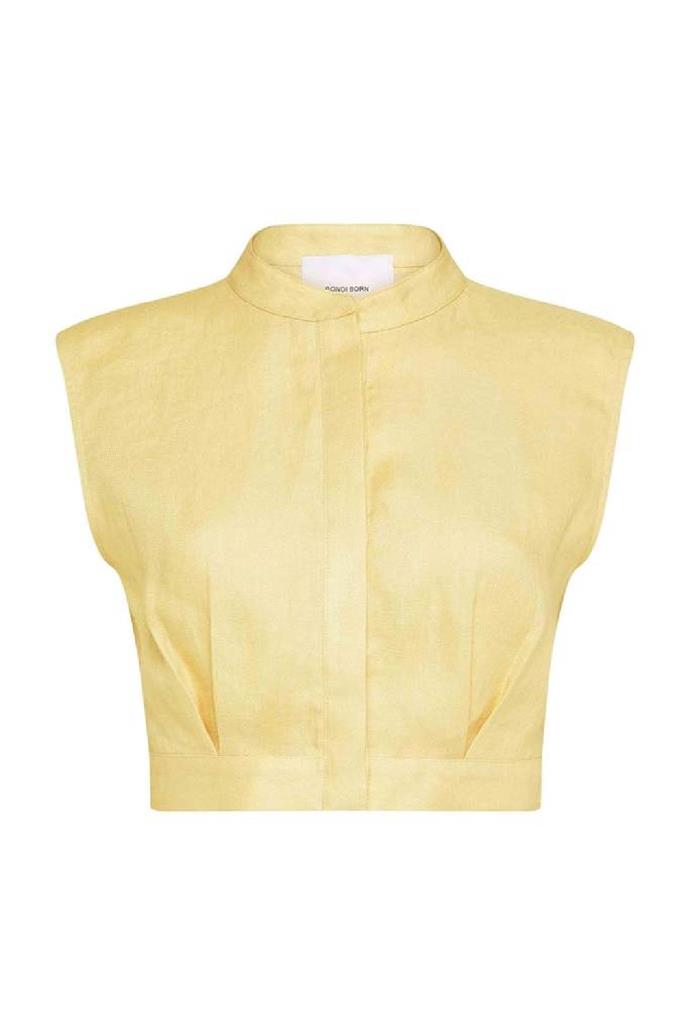 This beautiful linen top will take you from day to night.
<br><br>
In a fresh canary colourway and elegant high neck silhouette, this top is inspired by the islands of the Mediterranean and perfect for channeling a European summer vacation.
<br><br>
**Minorca Organic Linen Top In Canary**, $295 at [Bondi Born](https://bondiborn.com.au/collections/all/products/minorca-organic-linen-top-canary?variant=41205583184023|target="_blank"|rel="nofollow")