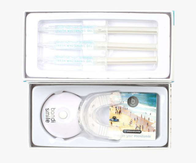 **Bondi Smile Teeth Whitening Kit, $79.95 from [Bondi Smile](https://www.bondismile.com.au/collections/all/products/starter-kit|target="_blank")**
<br><br>
With dental grade carbamide peroxide, Bondi Smile offers a serious glow up for those soon-to-be pearly whites. 
<br><br> 
Combined with a LED light to enhance the whitening process, you need just three applications over one week followed by once weekly application for maintenance for about 6 weeks.