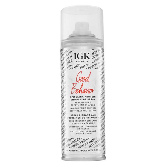 **Good Behavior Spirulina Protein Smoothing Spray by IGK**
<br><br>
Created as a multi-purpose hairspray, IGK's offering aids in protecting hair from heated styling while also nuturing each strand with much-needed vitamins and minerals. Boasting 24-hour frizz control and protection against temperatures of up to 450ºC, it's sure to keep your sleek style lasting longer.
<br><br>
*Good Behavior Spirulina Protein Smoothing Spray by IGK, $49 at [Adore Beauty](https://www.adorebeauty.com.au/igk/igk-good-behaviour-spirulina-protein-smoothing-spray.html|target="_blank"|rel="nofollow").*