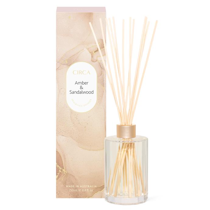 **Amber and Sandalwood Fragrance Diffuser, $46.95 (now $37.56) at [Circa](https://circa.com.au/collections/20-percent-off-sitewide/products/amber-sandalwood-fragrance-diffuser-250ml|target="_blank"|rel="nofollow").**
<br><br>
Heady and hypnotic, Amber and Sandalwood are a sophisticated pairing featuring zesty orange and delicate magnolia with vanilla and musk.