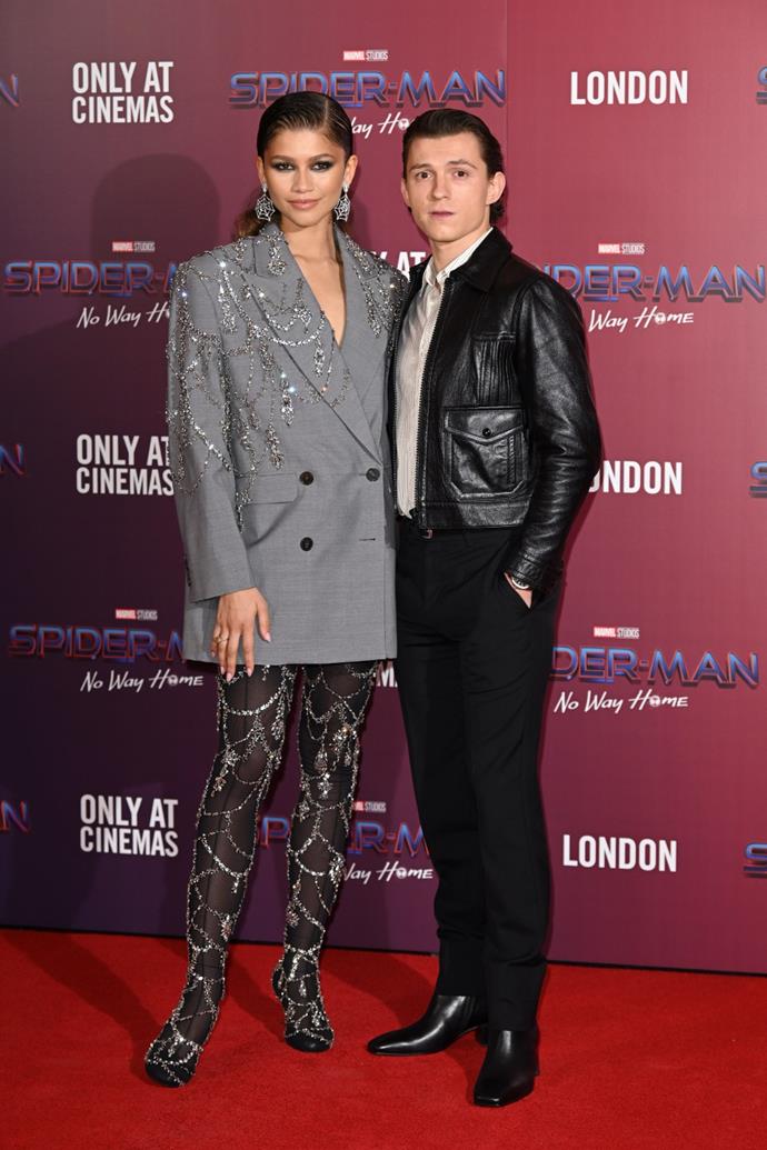Zendaya and her [co-star slash beau, Tom Holland](https://www.elle.com.au/celebrity/zendaya-tom-holland-relationship-timeline-25558|target="_blank"), were the definition of 'couple goals' at the *Spiderman No Way Home* premiere in London.
<br><br>
Both styled by the flawless Law Roach, Zendaya is giving us what we want in this head-to-toe [Alexander McQueen](https://www.marieclaire.com.au/alexander-mcqueen-spring-summer-2022|target="_blank") look from its Spring/Summer 2022 collection. 
<br><br>
Aptly titled 'London Skies', Look 32 has stepped of the runway and onto the red carpet and could not be more perfectly fitting for the occasion.