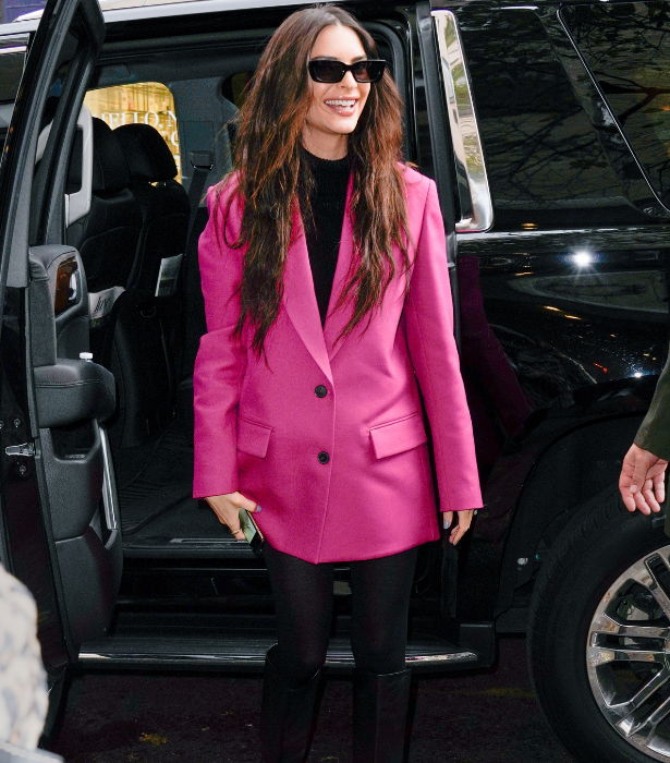 The inspiration: Emily Ratajkowski rocking a bright pink blazer.