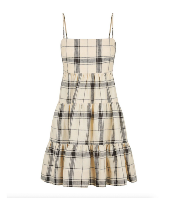 **Indra Linen Open Back Tiered Mini Dress**, $260 At [Shona Joy](https://shonajoy.com.au/collections/dresses/products/indra-linen-open-back-tiered-mini-dress-cream-black?variant=39506004377734|target="_blank")