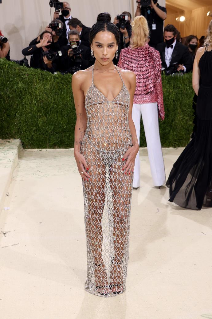 We can't talk about Zoë's style and not talk about this  [2021 Met Gala look](https://www.elle.com.au/fashion/met-gala-2021-red-carpet-25918|target="_blank"). Taking post-pandemic sensual dressing to a new level, Kravitz had us begging for more when she showed up in this  barely there Saint Laurent crystal gown. In this case, mesh is more.