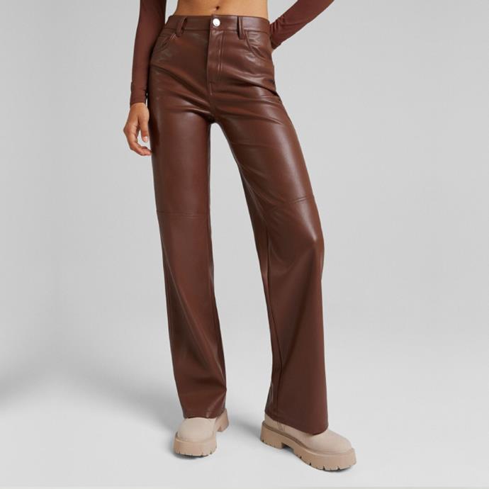 Faux Leather Straight Leg Pants in Brown by Bershka, $45.95 at [ASOS](https://www.asos.com/au/bershka/bershka-faux-leather-straight-leg-pants-in-brown/prd/201408457|target="_blank"|rel="nofollow").