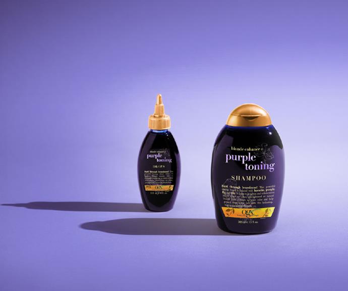 Try OGX Purple Toning Drops for custom-colour toning, or Purple Toning Shampoo for ready-to go colour, $22 each.