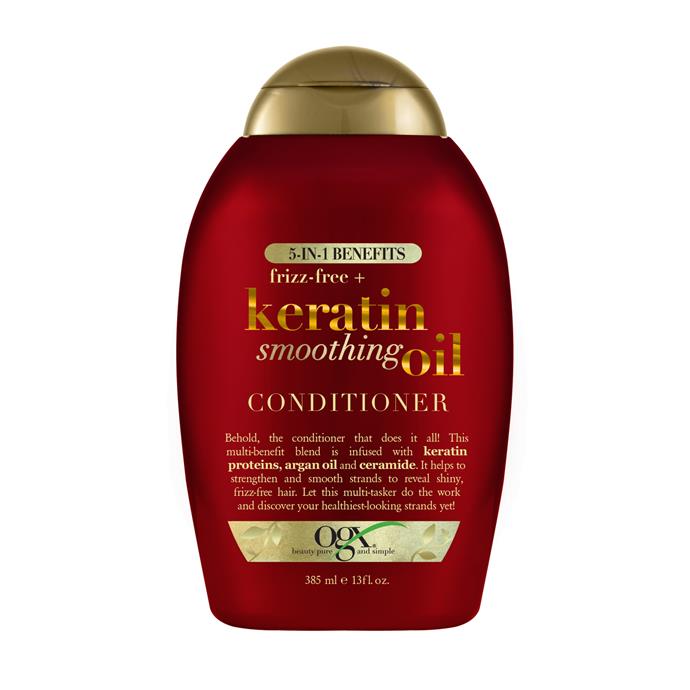 **5-in-1 Benefits Keratin Smoothing Oil Conditioner by OGX**
<br><br>
OGX 5 in 1 Benefits + Frizz Free Keratin Smoothing Oil Conditioner works to smooth hair and tame frizz effortlessly. The conditioner boasts 5 benefits in 1 for for those on the hunt for smoother, stronger, shinier, silkier, softer Hair. The product has an expertly infused blend of Keratin, Argan Oil & Ceramide to help you bid adieu to La Niña woes ASAP.
<br><br>
*5-in-1 Benefits Keratin Smoothing Oil Conditioner by OGX, $25 at [Woolworths](https://www.woolworths.com.au/shop/productdetails/203763|target="_blank"|rel="nofollow").*
