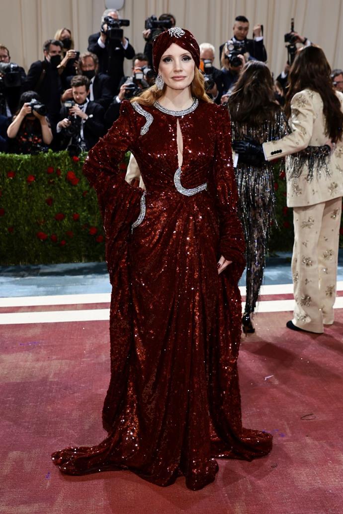 Jessica Chastain at the 2022 Met Gala wearing Gucci.