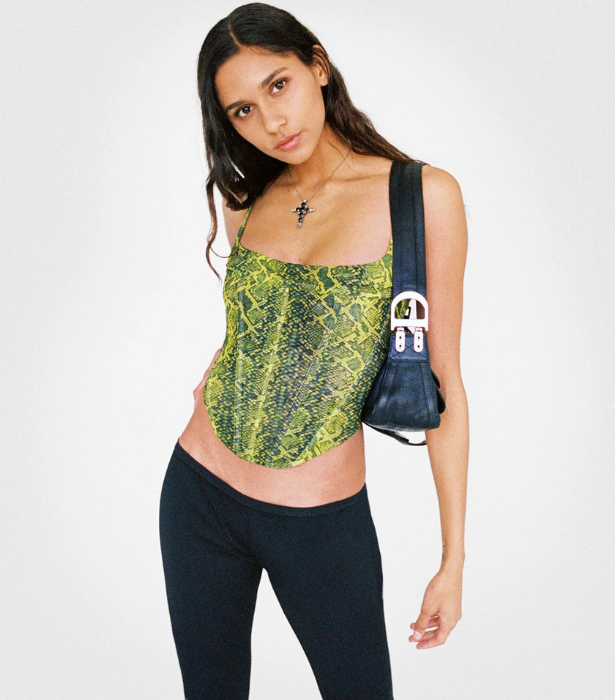 Venus Corset in Lime Python, $440 at [miaou](https://miaou.com/products/venus-corset-lime-python|target="_blank"|rel="nofollow")