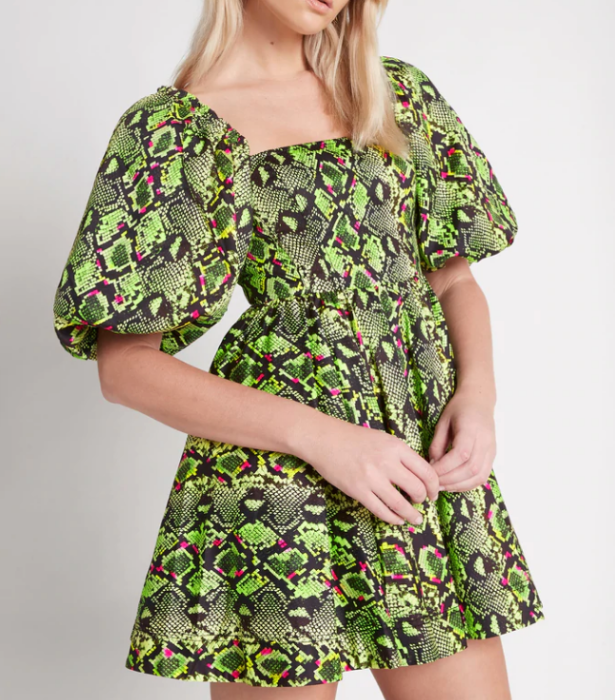 Serpentine Corset Mini Dress, $395 at [Aje](https://ajeworld.com.au/collections/dresses/products/serpentine-corset-mini-dress-snake-effect|target="_blank"|rel="nofollow") 
