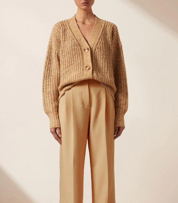 Olivia Cardigan, $260 at [Shona Joy](https://shonajoy.com.au/collections/knitwear/products/olivia-cardigan-camel-multi?variant=39687474970758|target="_blank"|rel="nofollow") 
