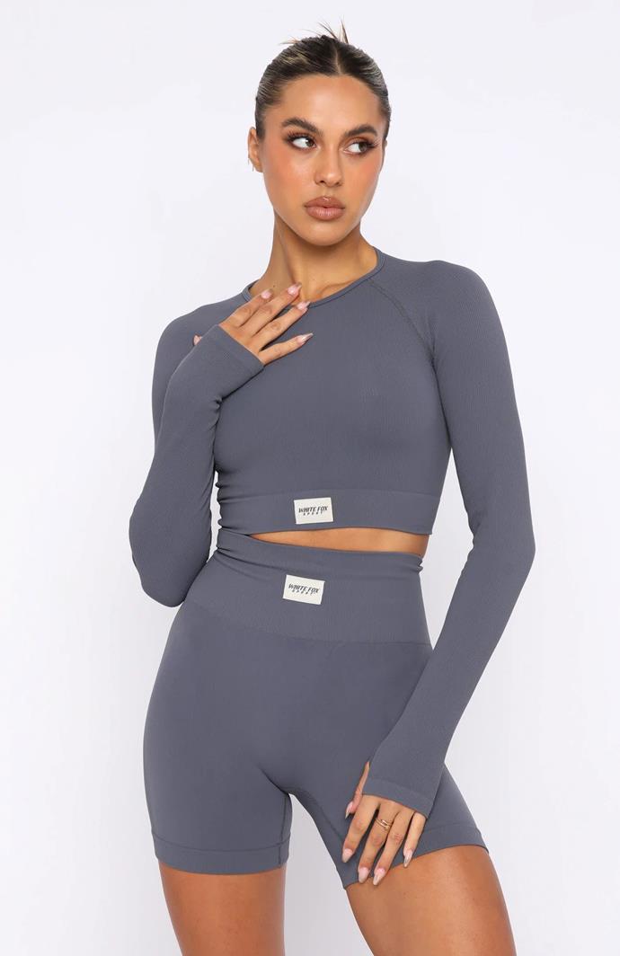 In Control Long Sleeve Seamless Crop Storm, $69.95 from [White Fox](https://whitefoxboutique.com.au/products/in-control-crop-storm?variant=39427345350728|target="_blank"|rel="nofollow") 