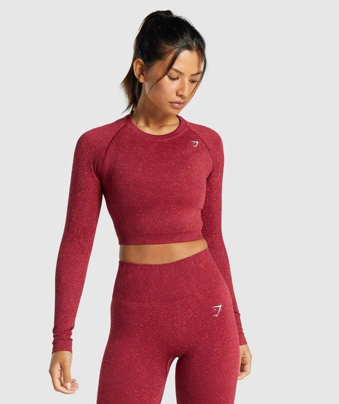 Adapt Seamless Long Sleeve Crop in Burgundy, $70 from [Gymshark](https://au.gymshark.com/products/gymshark-adapt-seamless-long-sleeve-crop-top-fleck-burgundy|target="_blank"|rel="nofollow")