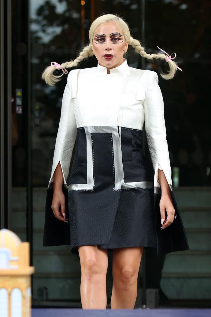 Lady Gaga in these gravity-deyfing braids to celebrate the birthday of the Langham Hotel.