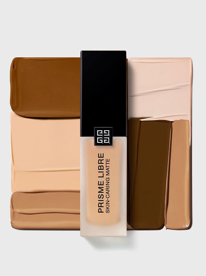 Available in 24 shades, Givenchy Prisme Libre Skin-Caring Matte Foundation is easy to blend for buildable coverage.