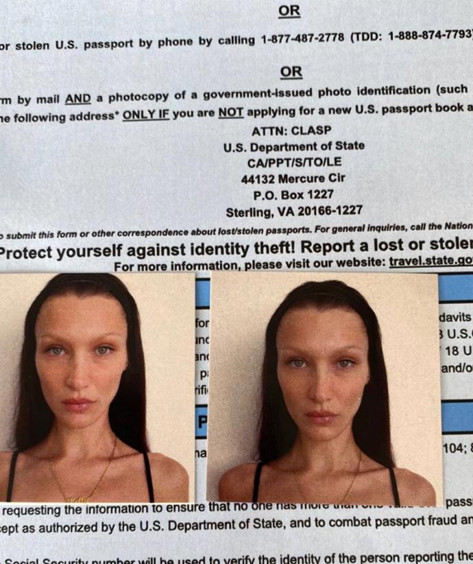Bella Hadid proving her fashion credentials at the passport office.