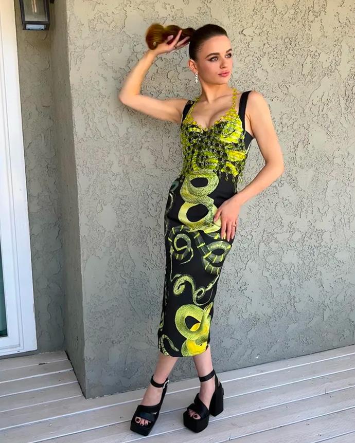 In a black and neon green, graphic dress by Milk White, paired with a crystal top by Akira and shoes by Naked Wolfe for *Jimmy Kimmel Live!* in June 2022.
<br><br>
Image: [@jaredengstudios](https://www.instagram.com/p/CfVE3_3IHgB/|target="_blank"|rel="nofollow").