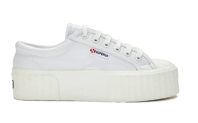 2631 Stripe Platform Vegan Leather in white with avorio, $160, from [Superga](https://superga.com.au/products/2631-stripe-platform-vegan-fau-a8i-white-white-avorio|target="_blank"|rel="nofollow")