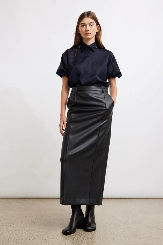 **ESSE Studios Classico Leather Midi Skirt**, $660 at **[Incu](https://www.incu.com/products/skirt1-blk|target="_blank"|rel="nofollow")**