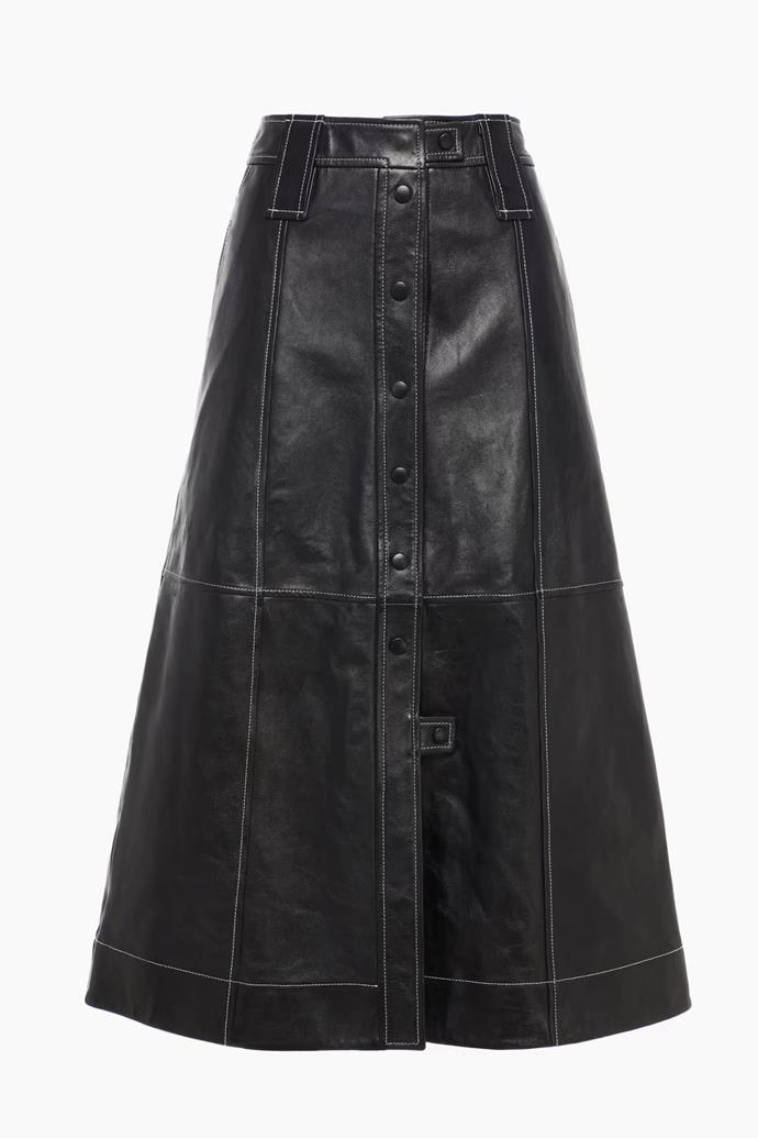 **GANNI Flared leather midi skirt**, $468 at **[THE OUTNET](https://www.theoutnet.com/en-au/shop/product/ganni/skirts/midi-skirts/flared-leather-midi-skirt/28941591746534247|target="_blank"|rel="nofollow")**