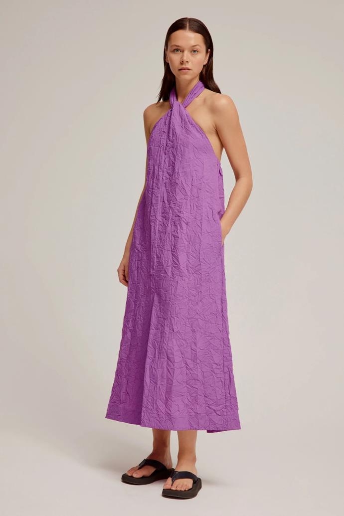 **Crushed Halter Dress**, $220 at **[Venroy](https://venroy.com.au/products/womens-crushed-halter-dress-bright-purple|target="_blank"|rel="nofollow")**