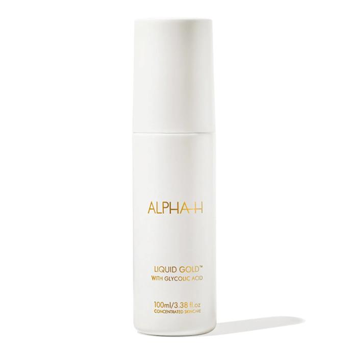 Liquid Gold Exfoliating Treatment with 5% Glycolic Acid by Alpha-H, $72 at [Sephora](https://www.sephora.com.au/products/alpha-h-liquid-gold-exfoliating-treatment-with-5-percent-glycolic-acid/v/100ml|target="_blank"|rel="nofollow").
