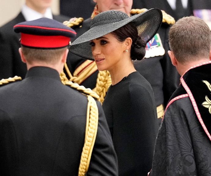 Meghan Markle, Duchess of Sussex, arrives at Westminster Abbey at Queen Elizabeth II's funeral.