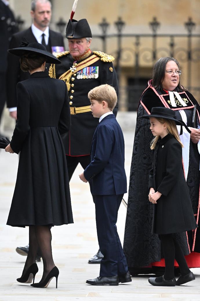Princess Kate, Prince George and Princess Charlotte arrive at Westminster Abbey for Queen Elizabeth's II funeral.