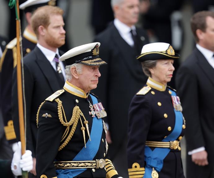 King Charles III and Princess Anne lead the Royal procession at Queen Elizabeth II's funeral.